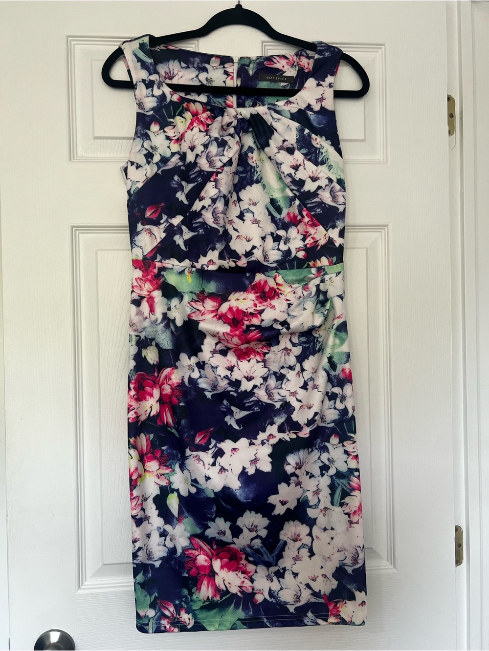 Suzy Shier Sleeveless Navy Floral Sheath Dress with Pink Accents